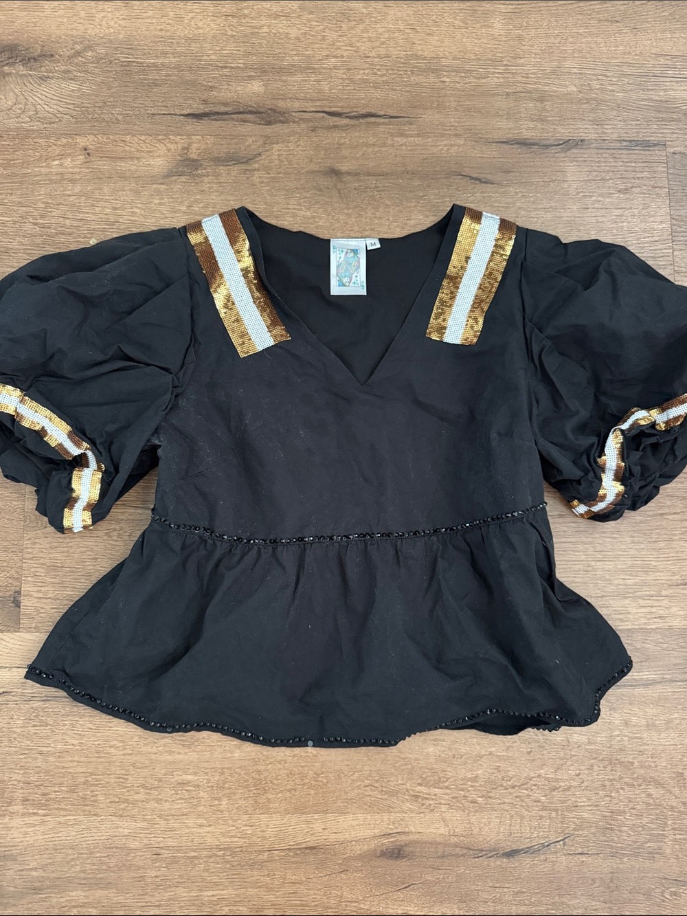QUEEN OF SPARKLES Black Puff-Sleeve V-Neck Blouse with Gold and Cream Sequins